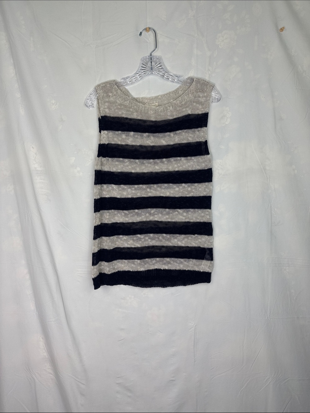 Eileen Fisher Navy Blue and Gray Striped Knit Tank Top